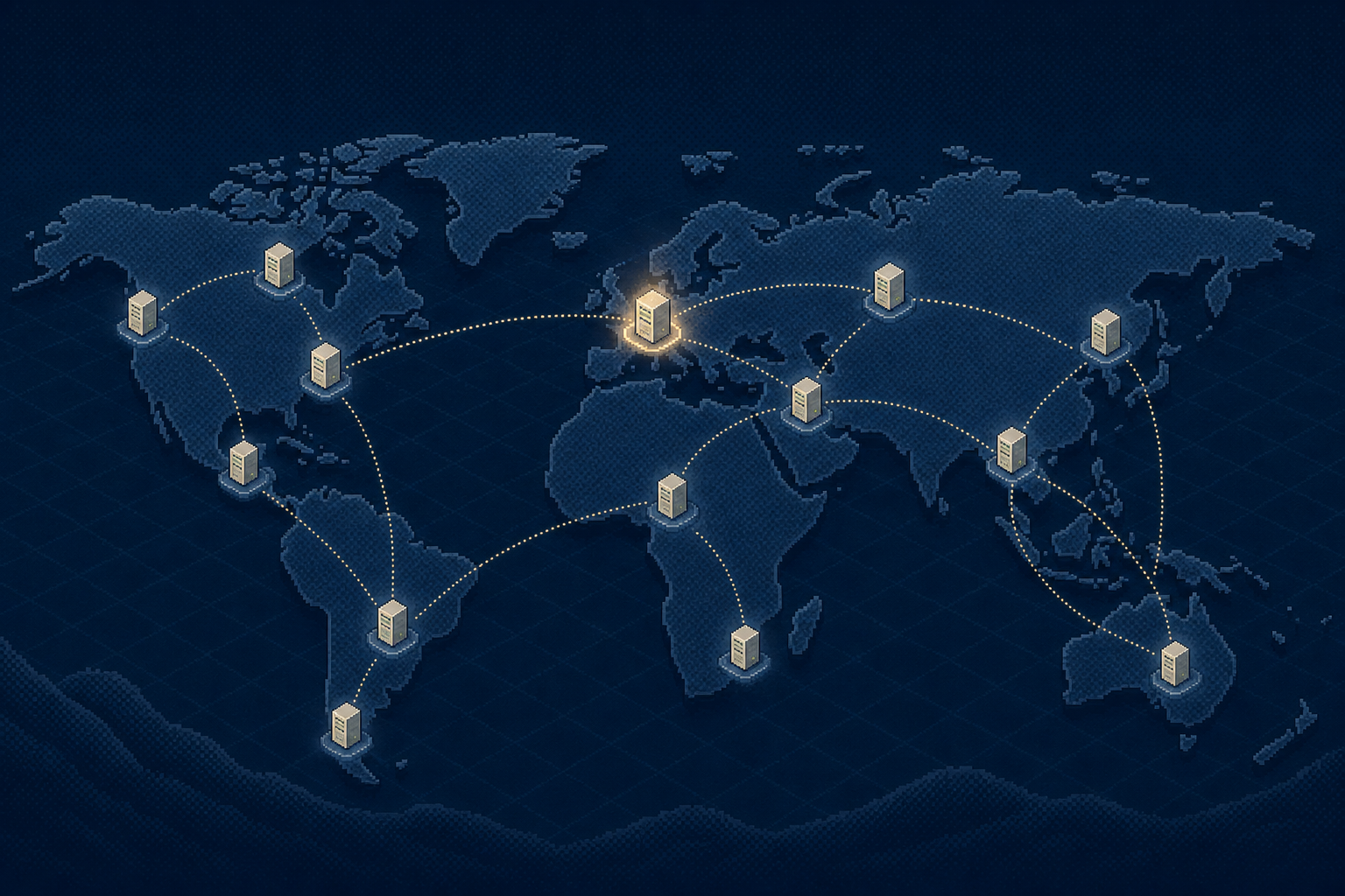 Pixel-art world map showing a global network of selectable VPN servers